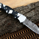 Best Folding Pocket Knife with Black and White Epoxy Resin and Steel Bolster Handle, 3-inch Blade Length