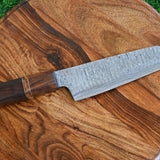 Artisan Edge: Custom Handmade Santoku Knife with Damascus Steel Blade, Rosewood Handle, and Leather Roll