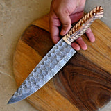 Artisan’s Choice: Custom Handmade Chef’s Knife with Damascus Steel Blade and Epoxy Pine-cone Handle, 13-Inch with Leather Sheath