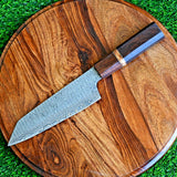 Artisan Edge: Custom Handmade Santoku Knife with Damascus Steel Blade, Rosewood Handle, and Leather Roll
