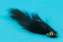 Sculpin Bunny fishing lure, black feather tail, dark head with yellow eye