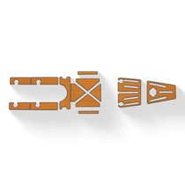 Teak orange deck padding pieces with cross-brace pattern and vent-style cutouts.