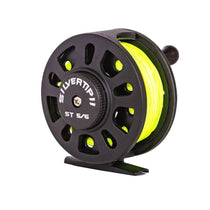 Silvertip II ST 5/6 fly fishing reel with neon yellow floating line, front view