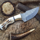 Custom Damascus Steel Field Dressing Deer Skinny Knife – 7.25 Inch Drop Point Blade with Antler Horn Handle and Brass Bolster