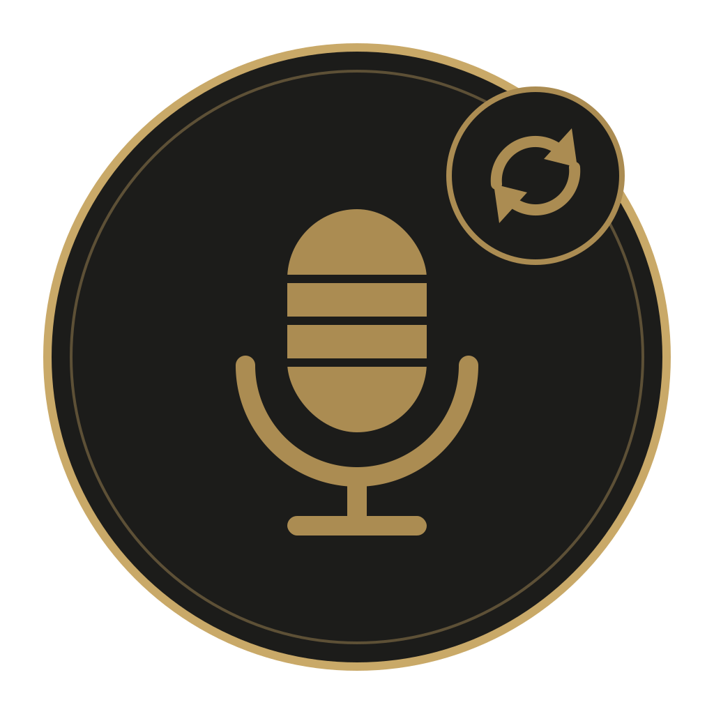 Podcast microphone logo with circular arrow badge
