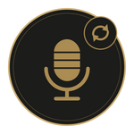 Podcast microphone logo with circular arrow badge