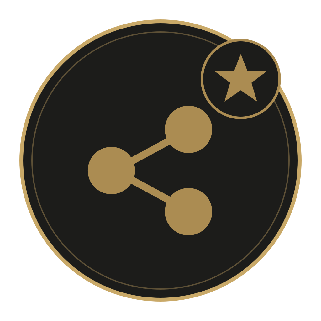 Social spotlight badge icon with share nodes and star emblem