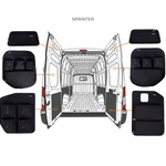 Mercedes Sprinter rear door storage panels bundle shown on van door, black multi-pocket sets