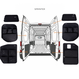 Mercedes Sprinter rear door storage panels bundle shown on van door, black multi-pocket sets