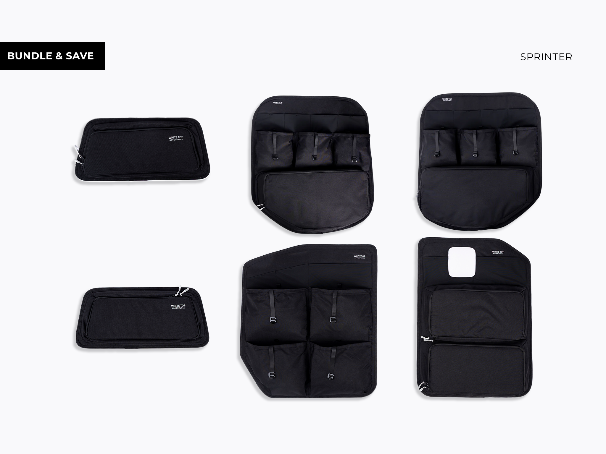 Mercedes Sprinter rear door storage panel bundle, black fabric with multi-pocket organizers