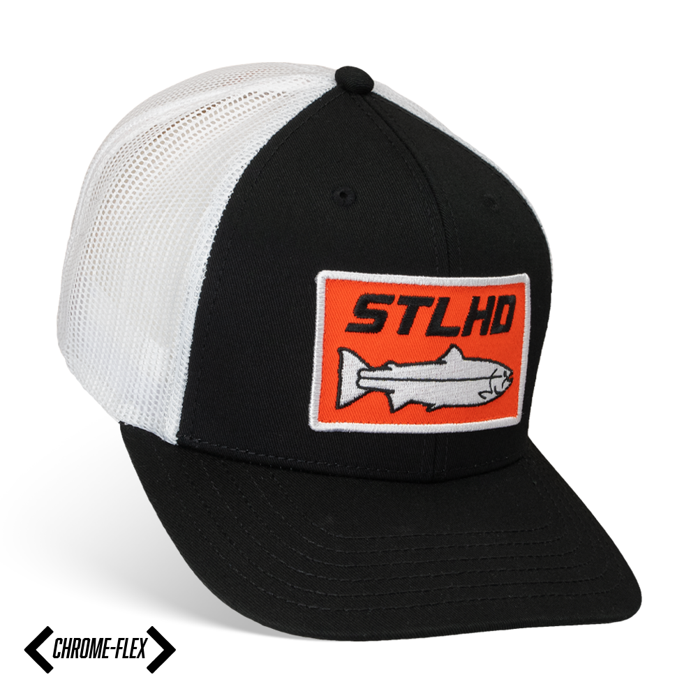 Black and white flex-fit cap with logo patch and fish graphic