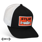 Black and white flex-fit cap with logo patch and fish graphic