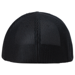 Black flex-fit mesh cap with curved crown and stitched seam