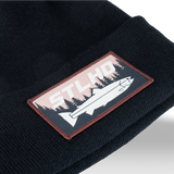 Black knit beanie with front STLHD mountain graphic leather-look patch