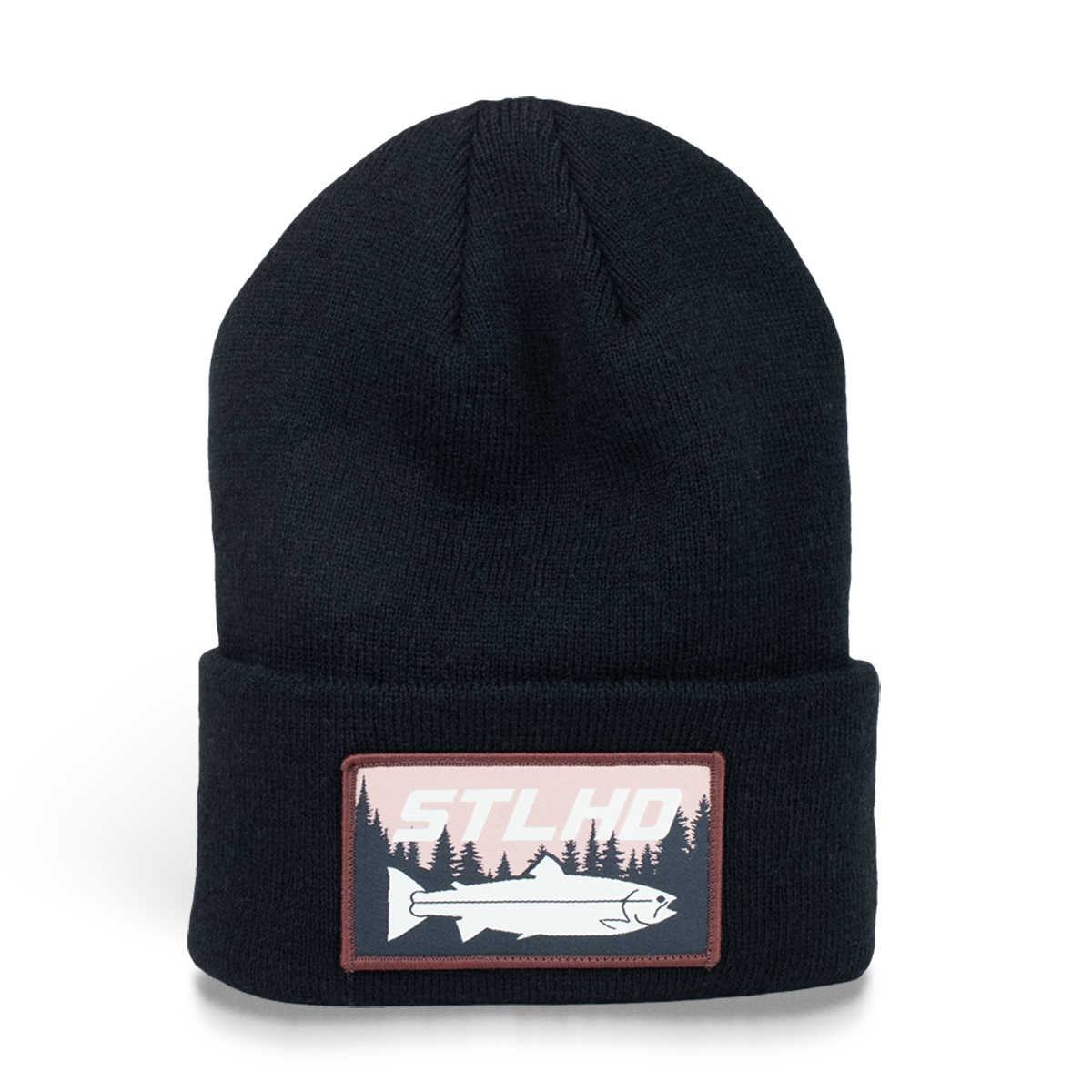 Black knit beanie with ribbed cuff and STLHD logo patch