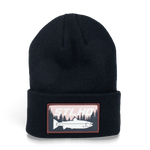 Black knit beanie with ribbed cuff and STLHD logo patch