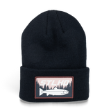 Black knit beanie with ribbed cuff and STLHD logo patch