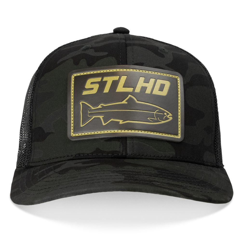 Men's camo flex-fit cap with black mesh back and STLHD rectangular logo patch