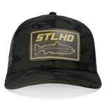 Men's camo flex-fit cap with black mesh back and STLHD rectangular logo patch