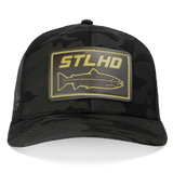Men's camo flex-fit cap with black mesh back and STLHD rectangular logo patch