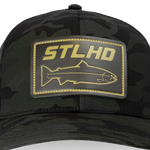 Men's camo flex-fit cap with black brim and large STLHD logo patch
