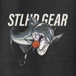 Black hoodie front graphic: STL GEAR fish illustration with orange ball