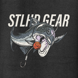 Black hoodie front graphic: STL GEAR fish illustration with orange ball