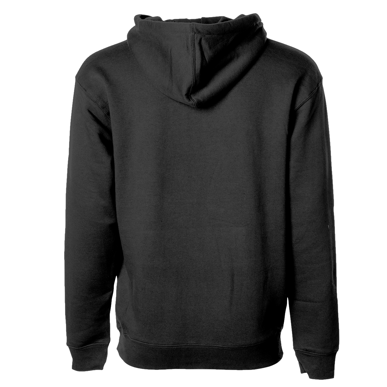 Dark pullover hoodie with attached hood and front pocket