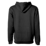 Dark pullover hoodie with attached hood and front pocket
