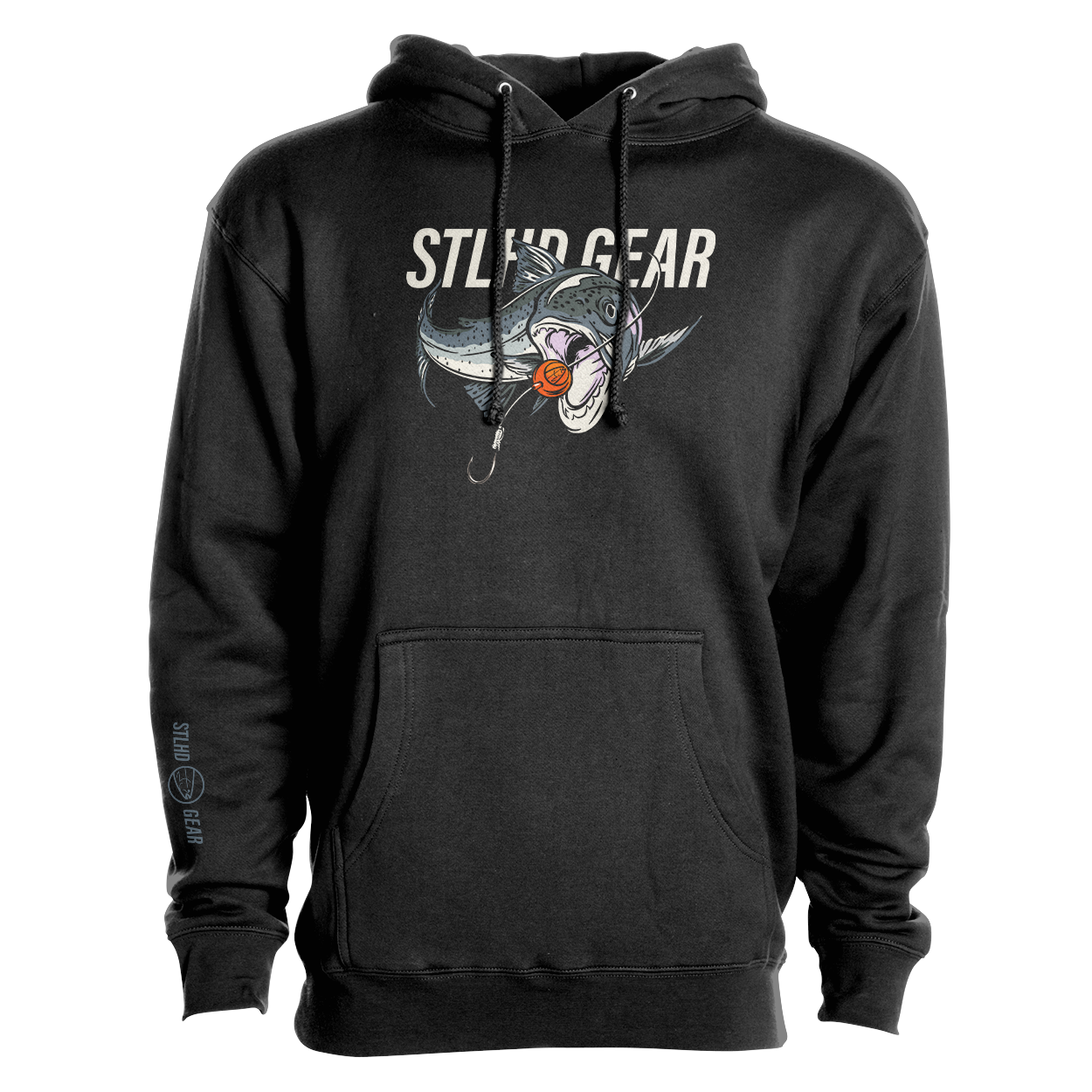 Black pullover hoodie with large fish graphic and orange emblem, front kangaroo pocket