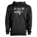 Black pullover hoodie with large fish graphic and orange emblem, front kangaroo pocket