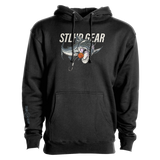Black pullover hoodie with large fish graphic and orange emblem, front kangaroo pocket