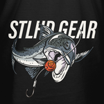 Black T-shirt close-up: STLHD GEAR lettering with fish head and orange lure