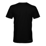 Black T-shirt back with small logo near lower hem
