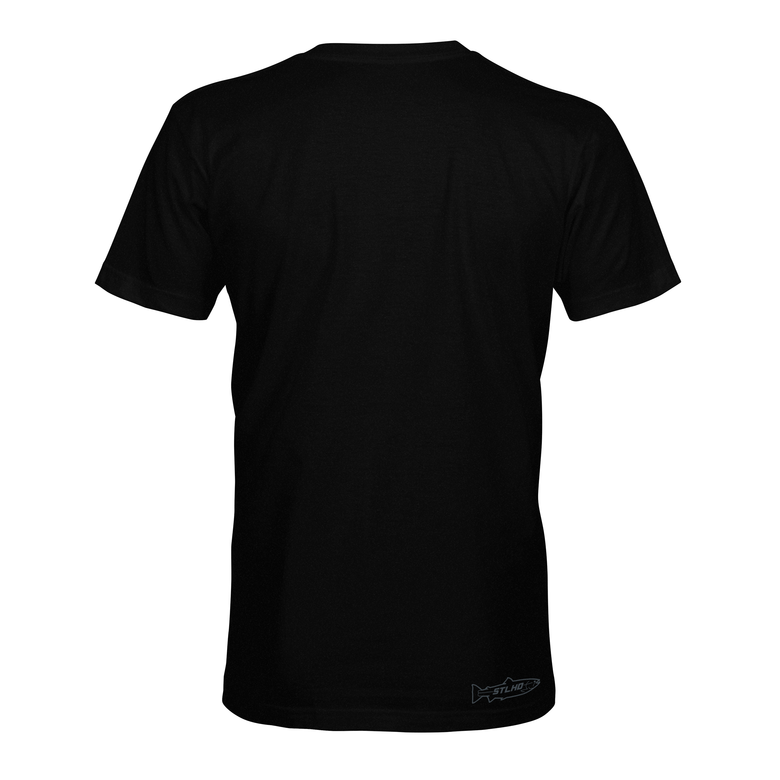 Black T-shirt back with small logo near lower hem