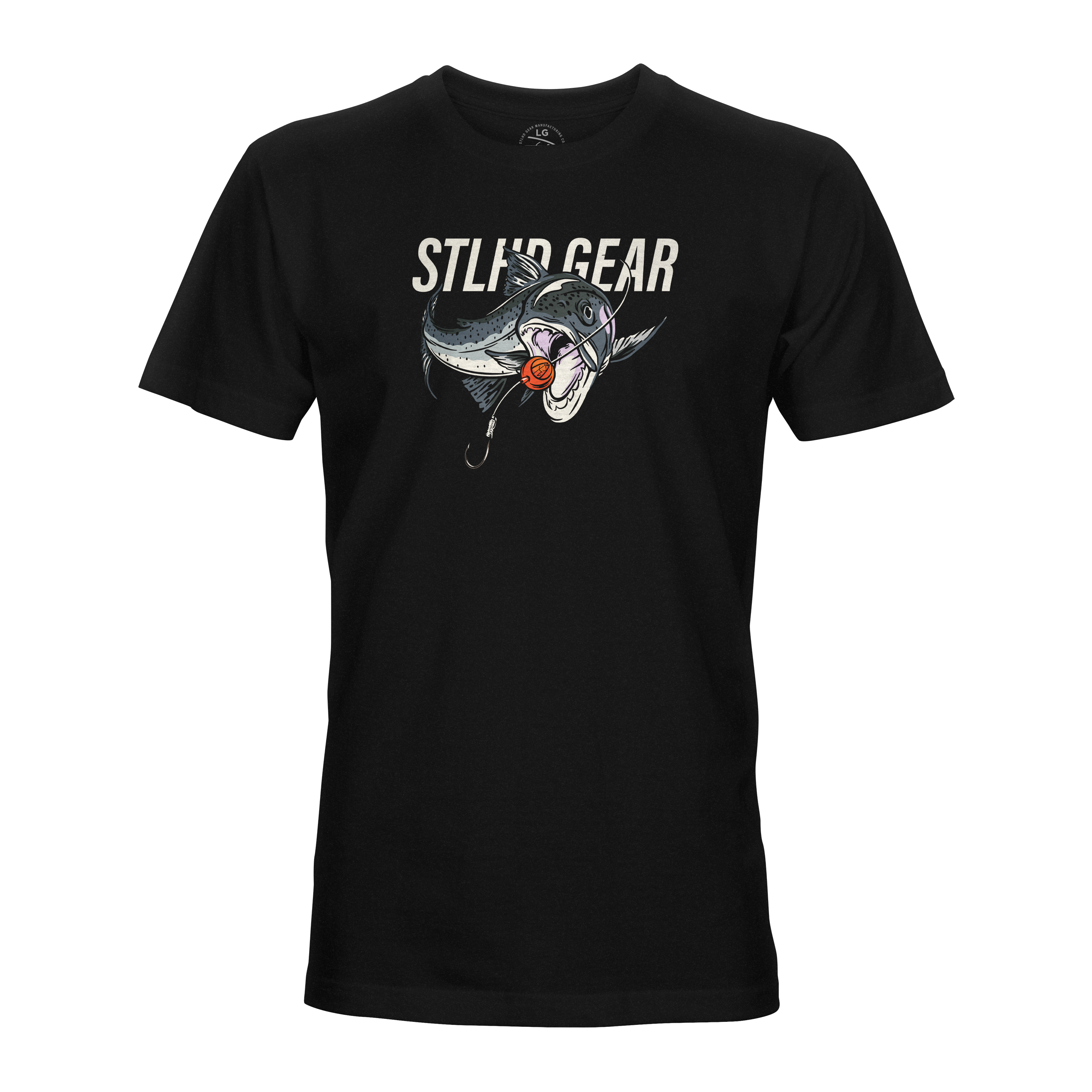 Black T-shirt with STLHD GEAR text and fish chomper graphic at chest