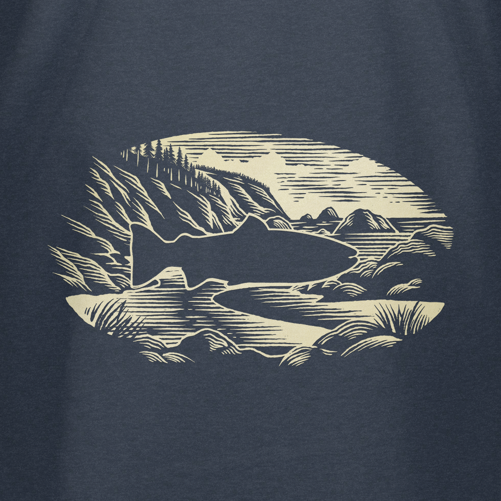 Coastal landscape graphic on dark blue T-shirt with waves, trees, mountains