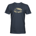 Coastal graphic T-shirt, dark blue crew neck with cream landscape print