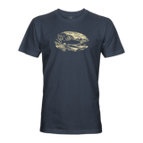 Coastal graphic T-shirt, dark blue crew neck with cream landscape print