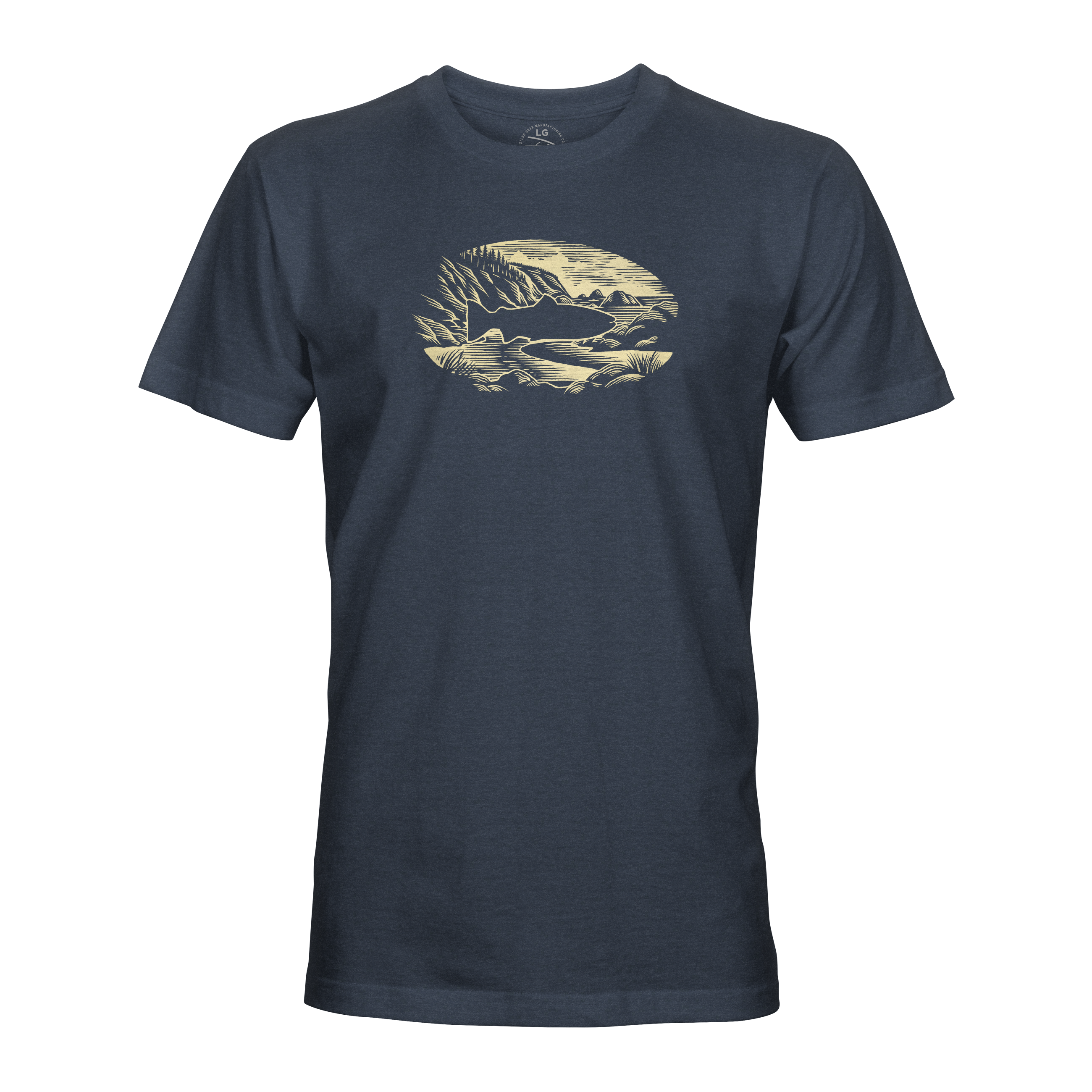 Coastal graphic T-shirt, dark blue crew neck with cream landscape print