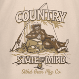 Light tan T-shirt front graphic: Country State of Mind with bear and tools.