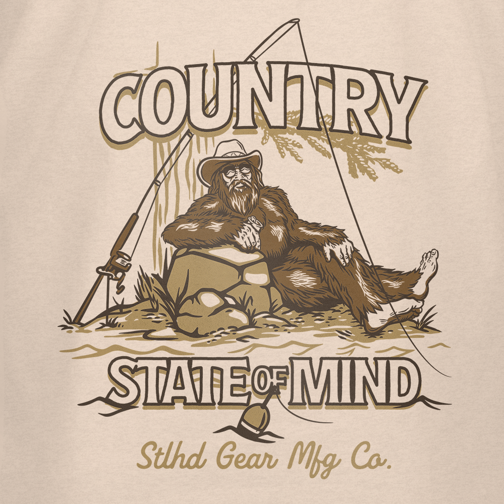 Light tan T-shirt front graphic: Country State of Mind with bear and tools.