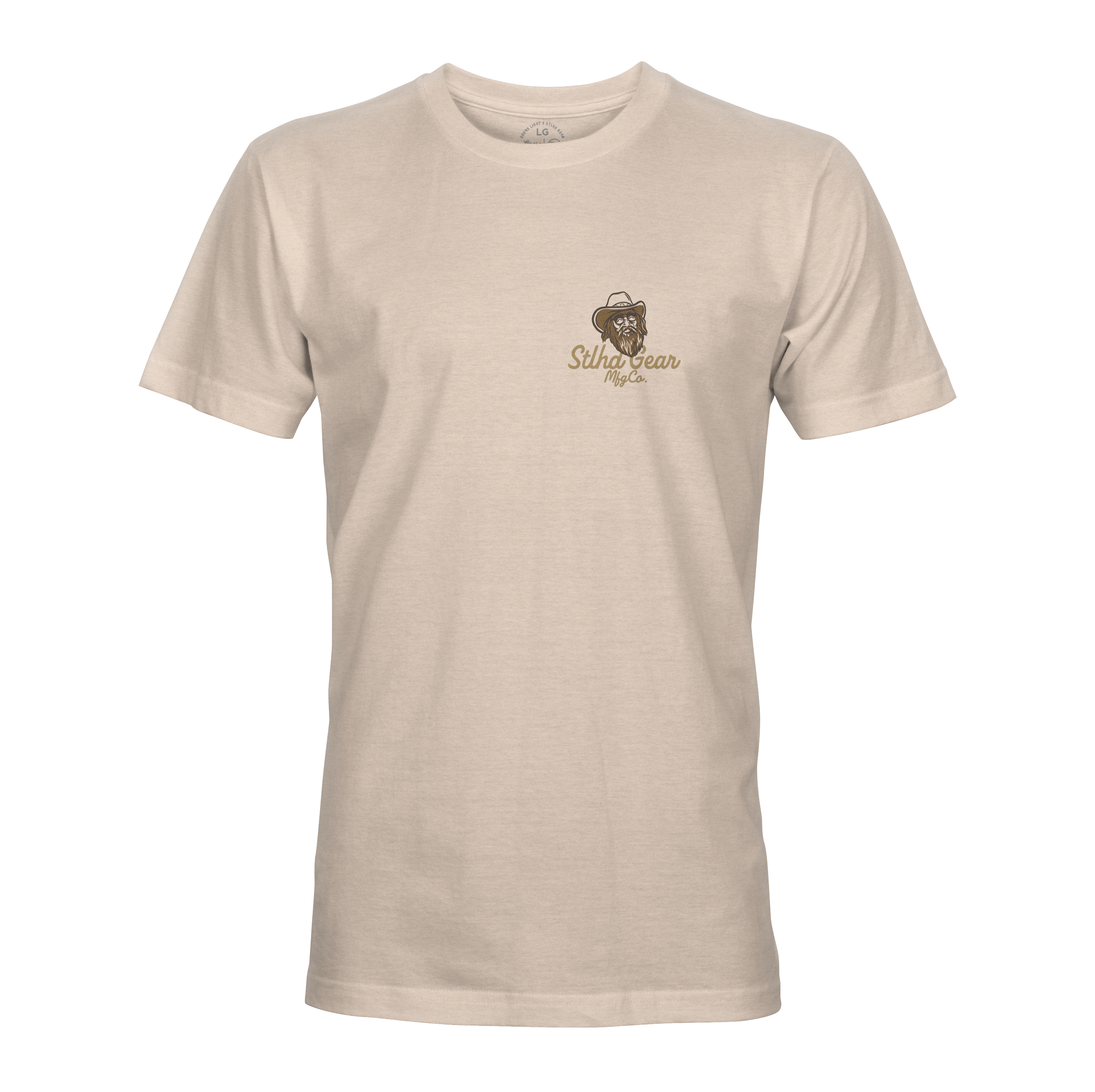 Light tan T-shirt with small chest logo and Stlhd Gear Mfg Co. text.