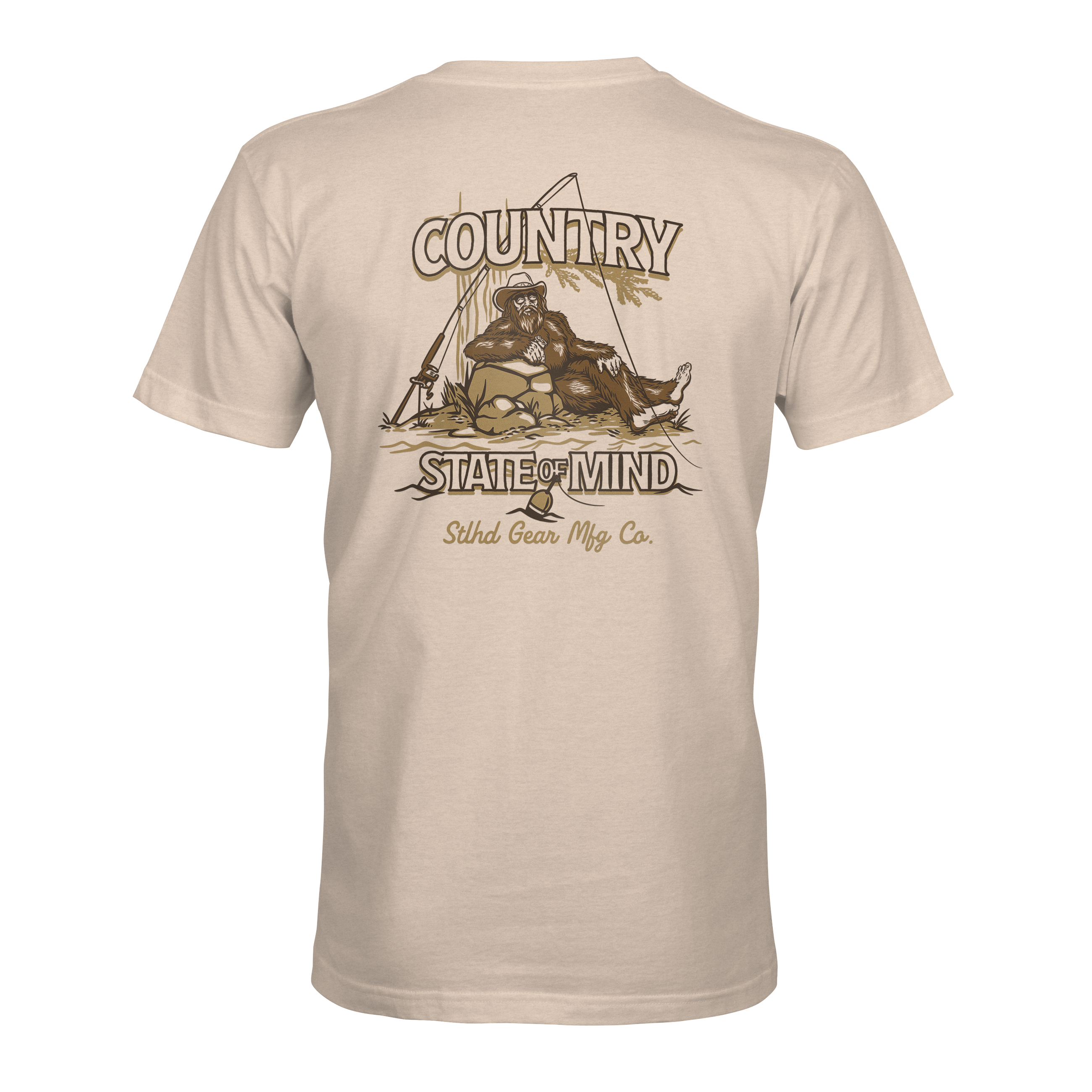 Light tan T-shirt with back 'Country State of Mind' graphic and cowboy illustration.