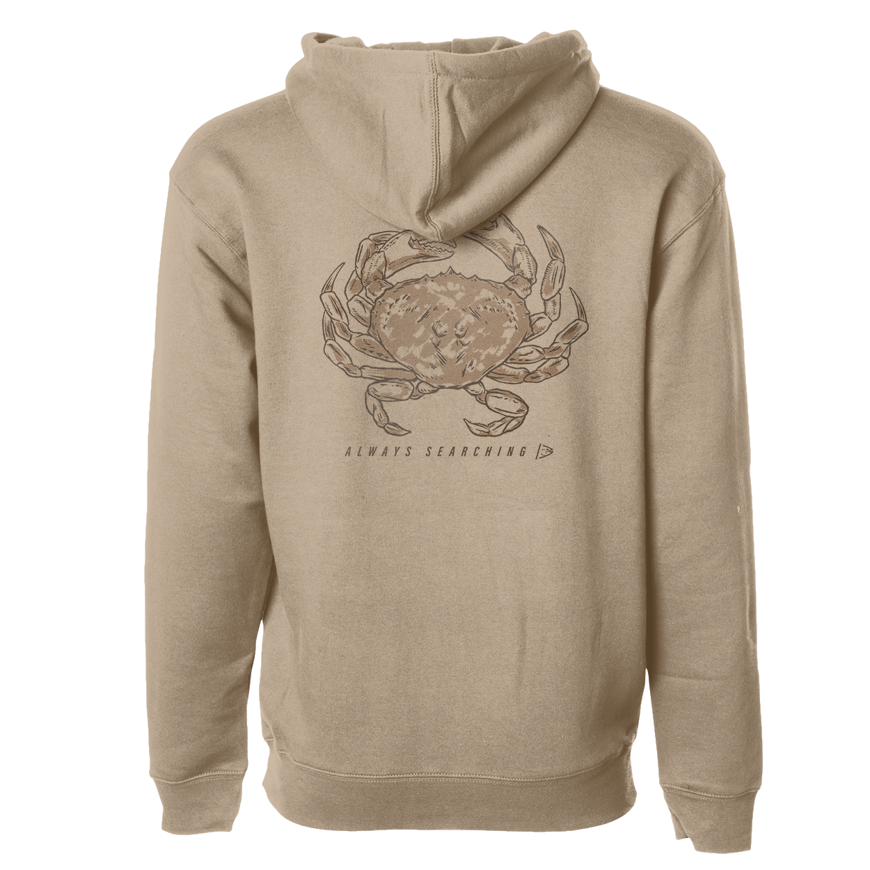 Beige premium hoodie with crab graphic, hood drawstrings, front kangaroo pocket