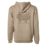 Beige premium hoodie with crab graphic, hood drawstrings, front kangaroo pocket