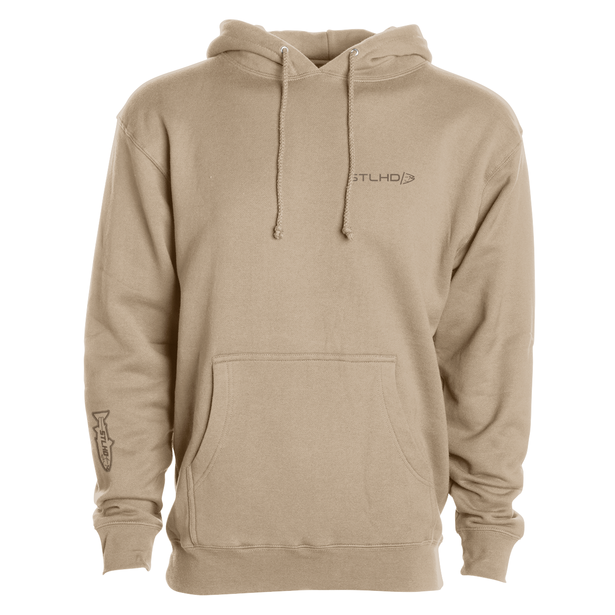 Beige premium hoodie back view with hood drawstrings and small STLHD logo
