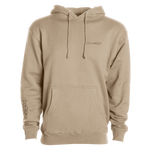 Beige premium hoodie back view with hood drawstrings and small STLHD logo