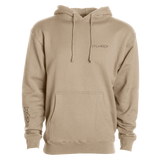 Beige premium hoodie back view with hood drawstrings and small STLHD logo