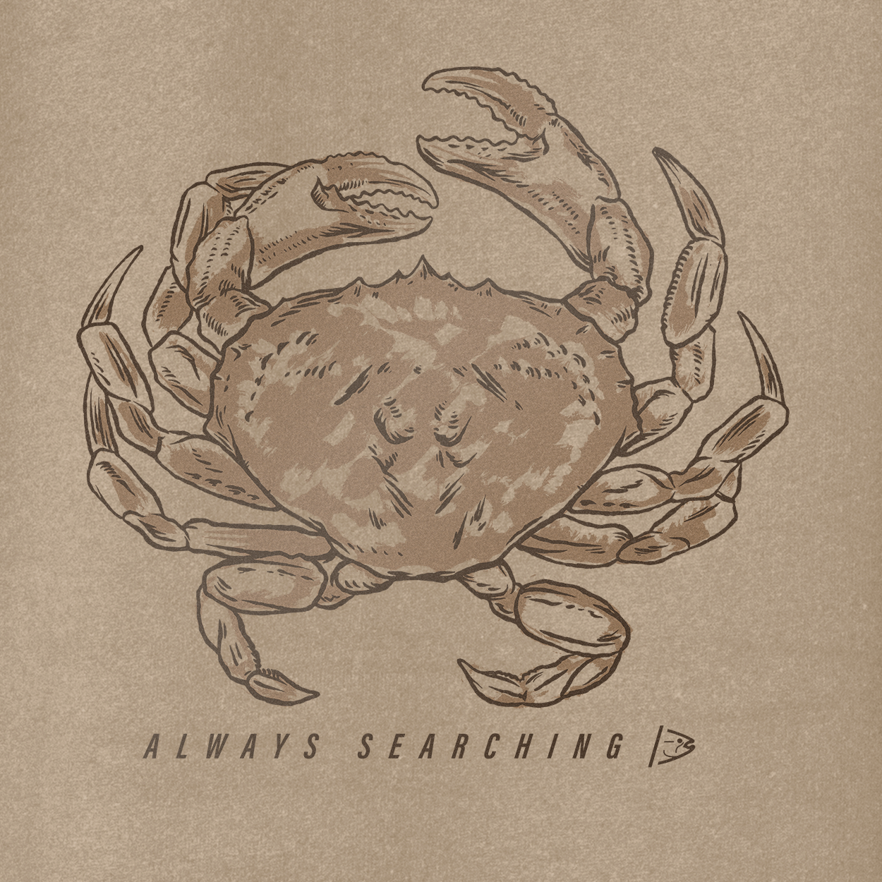 Beige hoodie front crab illustration with "ALWAYS SEARCHING" text beneath